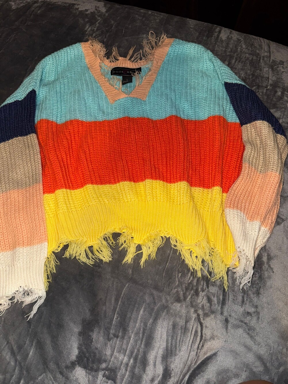 NWT Polly & Esther Large Multicolor Acrylic Sweater Distressed V-Neck